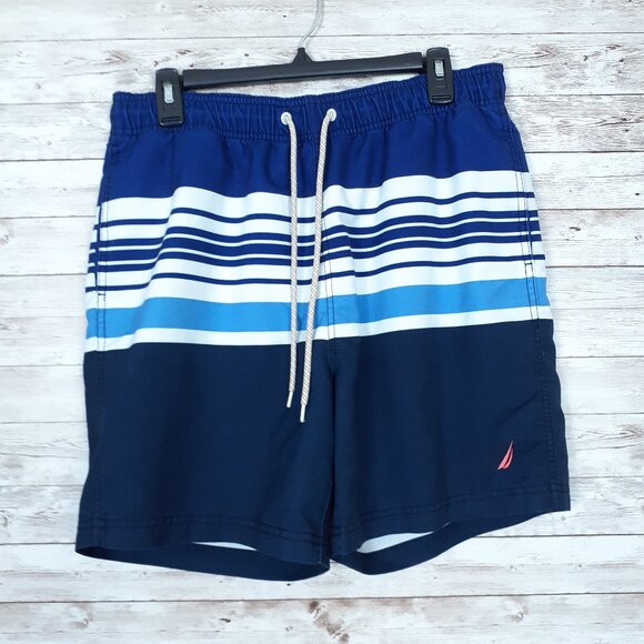 Nautica Mens Swim Trunks M Mesh Lined Blue Stripe 50A - Picture 1 of 3